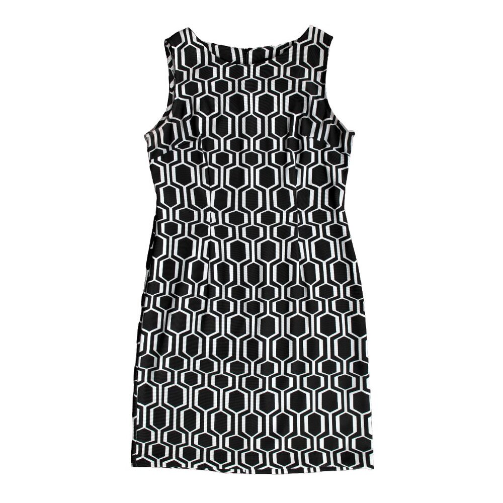CONNECTED APPAREL Geometric Mod Sleeveless Round Neck Sheath Black Dress Size 10